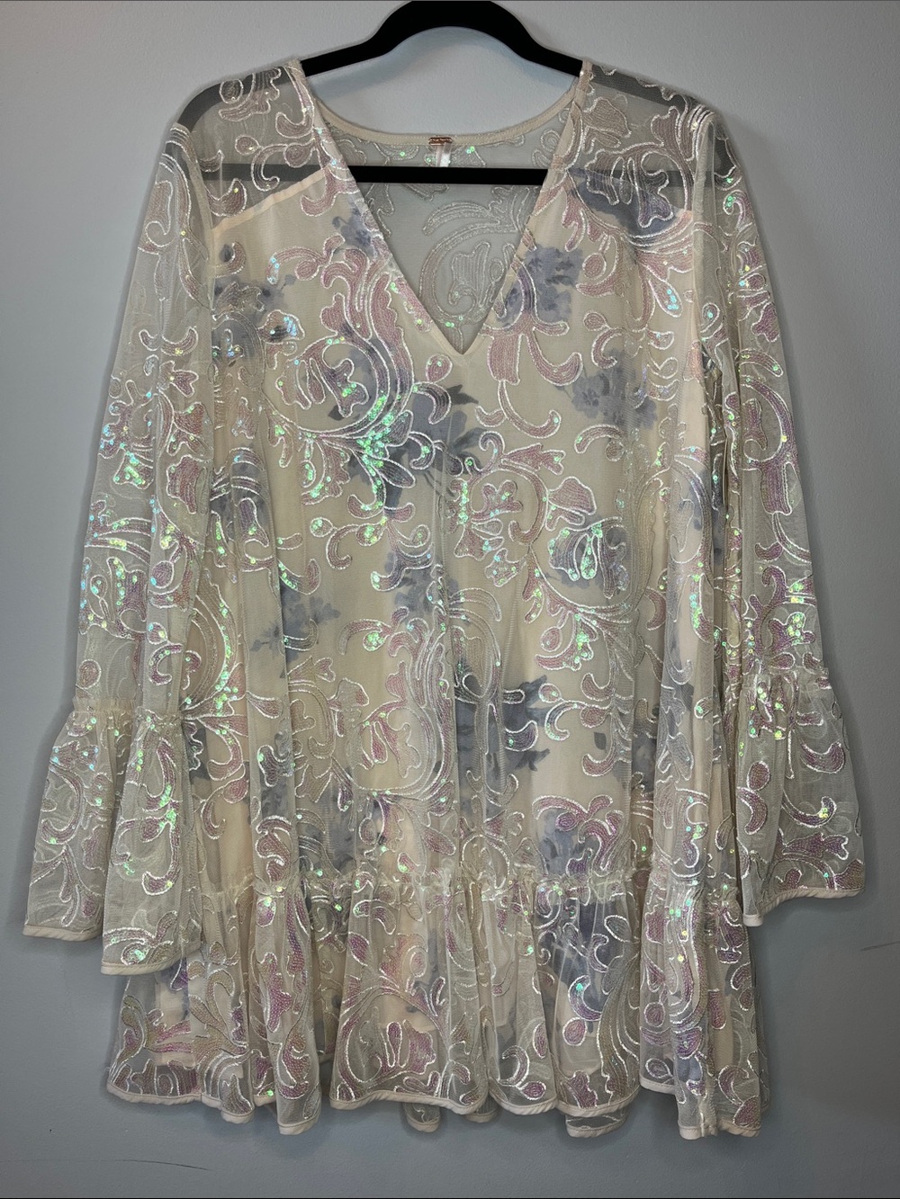 Free People Falling Flowers Flock mesh sequin ivory embroidery vneck dress